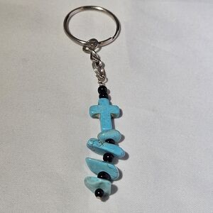 Turquoise Cross Stone Black Beaded Keychain, Keyring